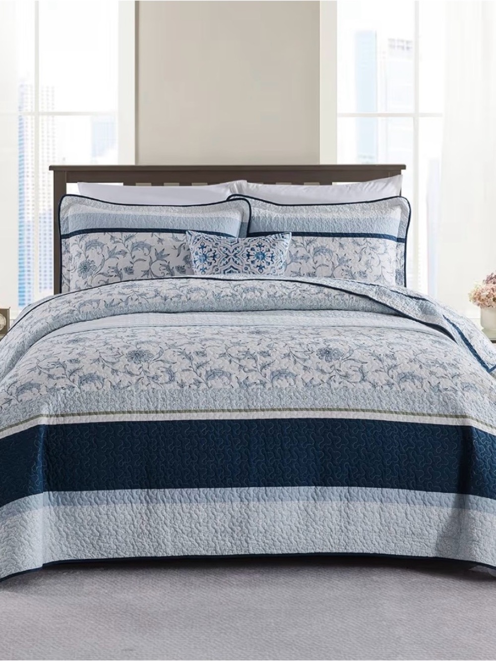 Classic Floral Stripe Quilt Set in Navy and Light Blue